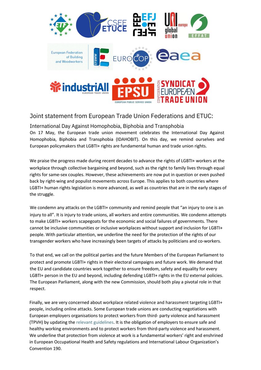 EuroCOP 🇺🇦 (@euro_cop) on Twitter photo EuroCOP share a joint statement from European Trade Union Federations and <a href="/etuc_ces/">EUROPEAN TRADE UNIONS</a> on International Day Against Homophobia, Biphobia and Transphobia #strongertogether #IDAHOBIT EuroCOP share a joint statement from European Trade Union Federations and <a href="/etuc_ces/">EUROPEAN TRADE UNIONS</a> on International Day Against Homophobia, Biphobia and Transphobia #strongertogether #IDAHOBIT