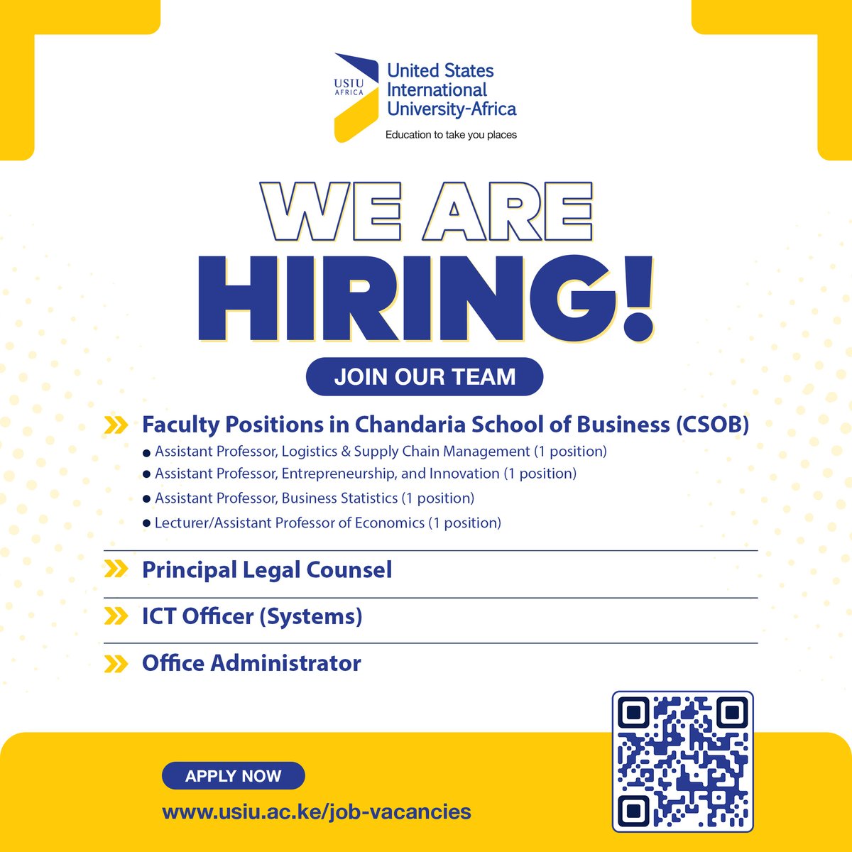 JOB VACANCY ANNOUNCEMENT! USIU-Africa is seeking to recruit suitable and qualified candidates for the following positions: * Faculty Positions in Chandaria School of Business * Principal Legal Counsel * ICT Officer (Systems) * Office Administrator For more details on the