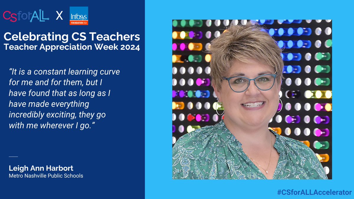 CS For All 
<a href="/CSforALL/">CSforALL</a>
 We are excited Celebrating CS Teachers Teacher Appreciation Week 2024 
Leigh Ann Harbort 
<a href="/rxcomputerlady/">Leigh Ann Harbort</a>
 
<a href="/MetroSchools/">Metro Schools</a>
 
csforall.exposure.co/teacher-apprec… Congratulations