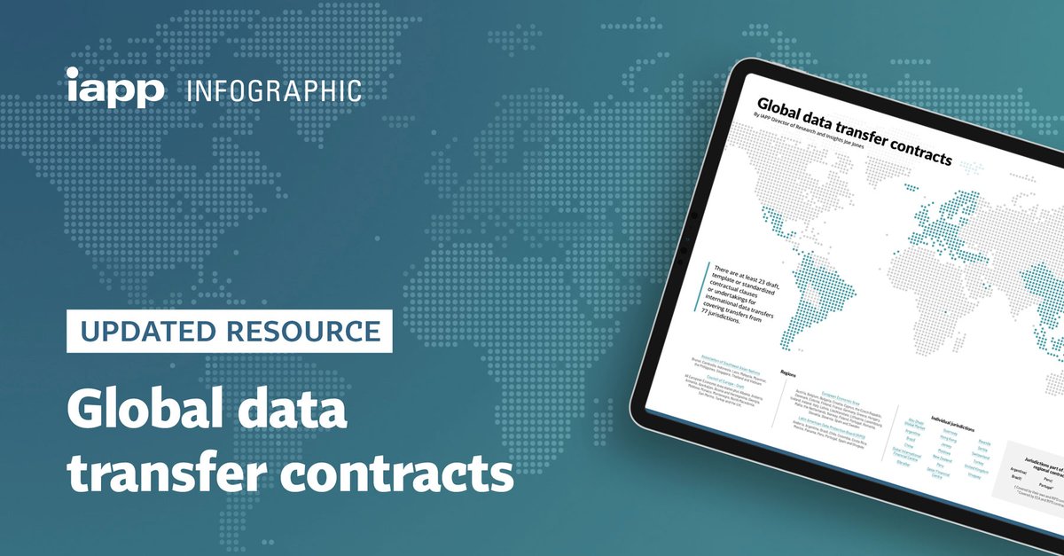 IAPP's @JoeGTJones has created 'Global Data Transfer Contracts,' an #infographic showing the jurisdictions that have taken steps to standardize draft contractual clauses for transferring personal data internationally. Check it out: bit.ly/4byv6H8