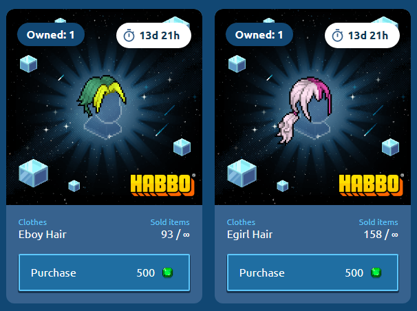✨ 𝓕𝓪𝓼𝓱𝓲𝓸𝓷 𝓐𝓵𝓮𝓻𝓽 ✨

🔵 Eboy Hair & Egirl Hair 😍

These bold hairstyles are up on the #HabboCollectibles shop for 500 emeralds each.
