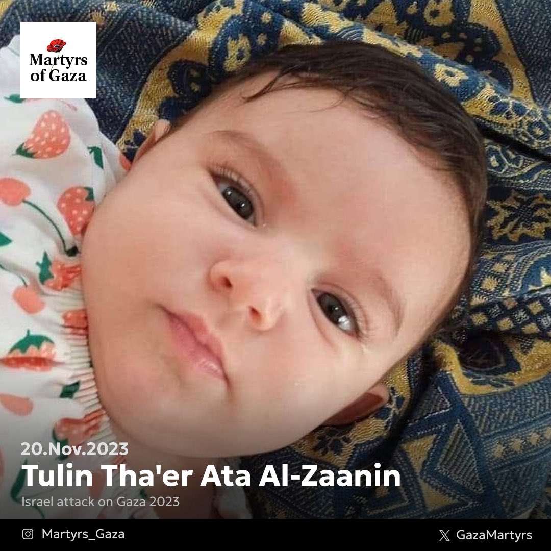 Tulin was only 5 months old and had only witnessed betrayal and abandonment from the world. Tulin had a beautiful future ahead of her, but the Israeli occupation deprived her of life.

On November 20, 2023,

Tulin was carried by her family and sought refuge in a school, but the