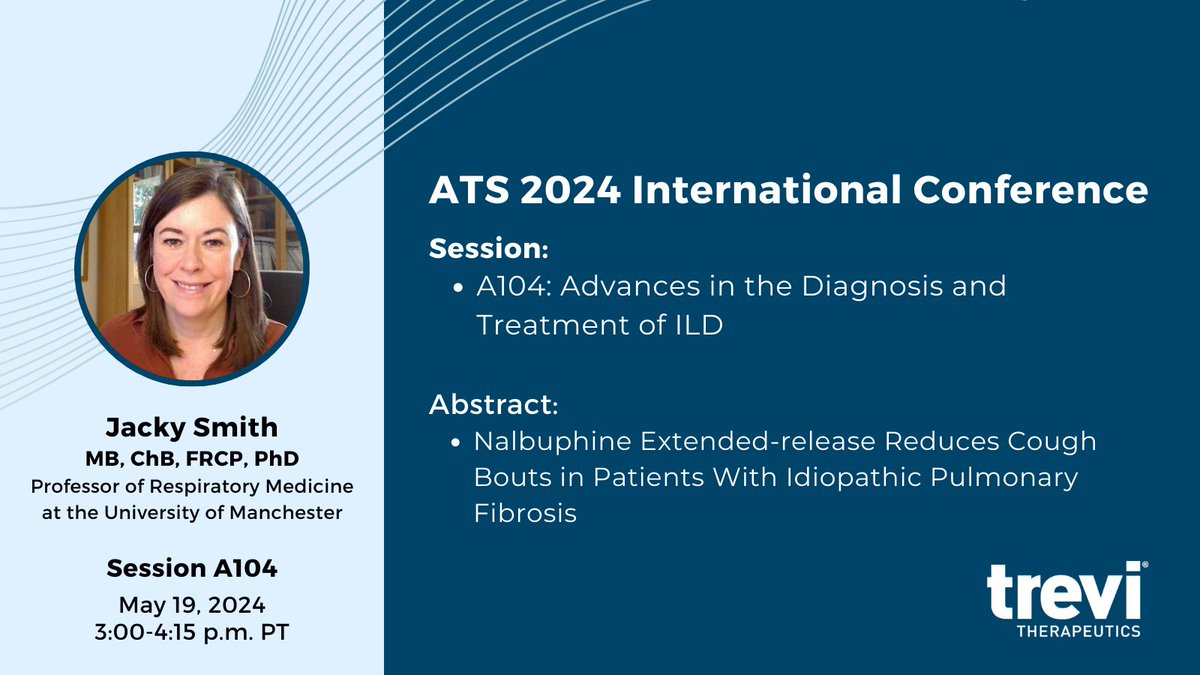 Attending the @ATScommunity 2024 Conference?  

Be sure to attend Professor Jacky Smith’s presentation on oral nalbuphine ER’s impact on #cough bouts in idiopathic #pulmonaryfibrosis patients from our Phase 2 CANAL #clinicaltrial  

ow.ly/zlzH50RaBS9