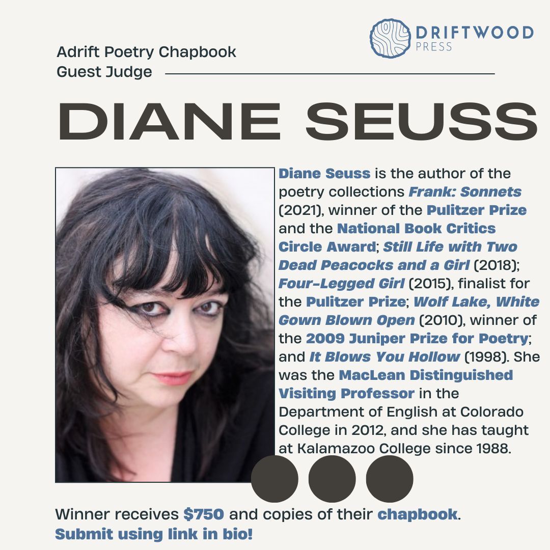 Meet Diane Seuss, guest judge for our Adrift Poetry Chapbook Contest! She is a Pulitzer Prize winning poet and has many other accolades for her amazing work. Use the link in our bio to submit your chapbook today! #poetrychapbook #writingcontest #dianeseuss