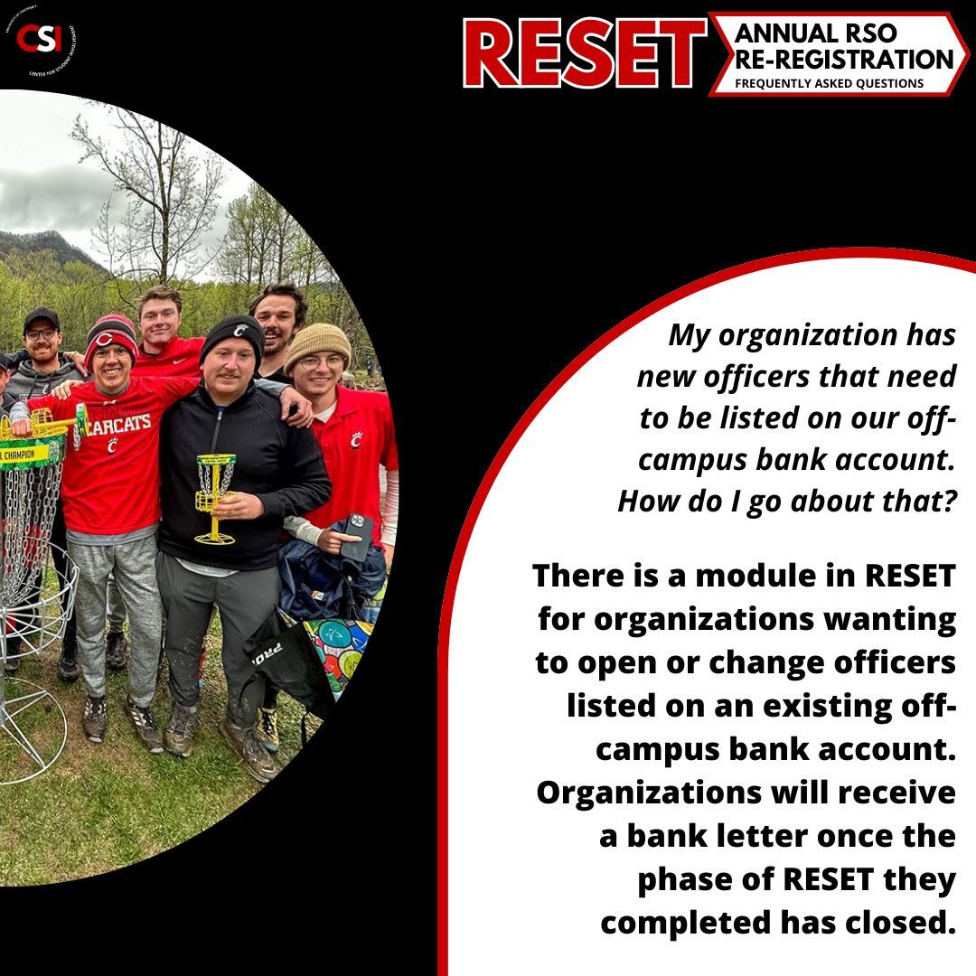 CSI (@uc_involvement) on Twitter photo RESET: Annual RSO Re-Registration - LAST DAY ‼️
We ask that all RSO's complete an annual “RESET” to provide information about your organization, leadership, and other compliance paperwork. Questions? Email ucinvolvement@uc.edu RESET: Annual RSO Re-Registration - LAST DAY ‼️
We ask that all RSO's complete an annual “RESET” to provide information about your organization, leadership, and other compliance paperwork. Questions? Email ucinvolvement@uc.edu