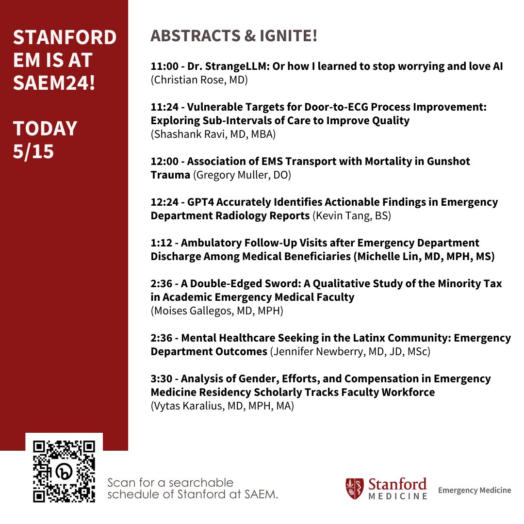 Join @StanfordEMED at #SAEM24 today! And check out the full schedule of Stanford at SAEM here: ow.ly/9AXT50RpqNw