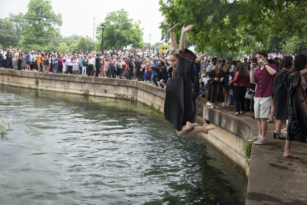 At #TXST, one of our favorite traditions is the river jump. 

Every semester after commencement, graduating Bobcats solidify the next step in their lives by jumping in the #SanMarcosRiver in their full caps and gowns. Nothing beats that moment for us Bobcats!