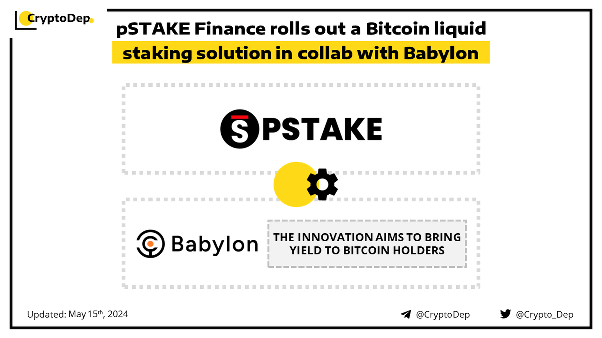 ⚡️ @pStakeFinance rolls out a Bitcoin liquid staking solution in collab with @Babylon_Chain pSTAKE Finance has launched its liquid staking solution, built atop Babylon, a @Binance-backed bitcoin staking protocol. The innovation aims to bring yield to Bitcoin holders, with $BTC