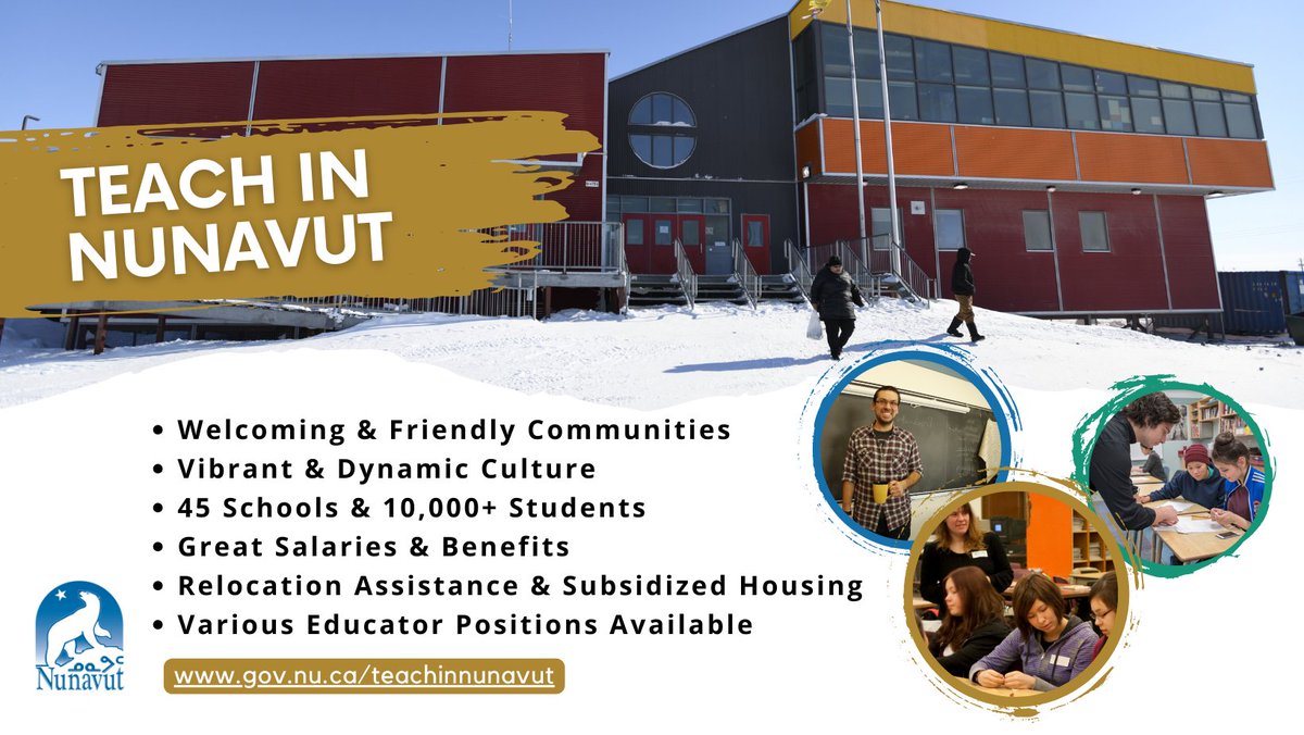 Make a difference in the lives of Nunavut students. We’re hiring for a variety of teaching positions. 🙌 🔗gov.nu.ca/en/education-a… #teachinNunavut #educator #teacher #Nunavut #Hiring #NunavutJobs #schoolcounsellor #education