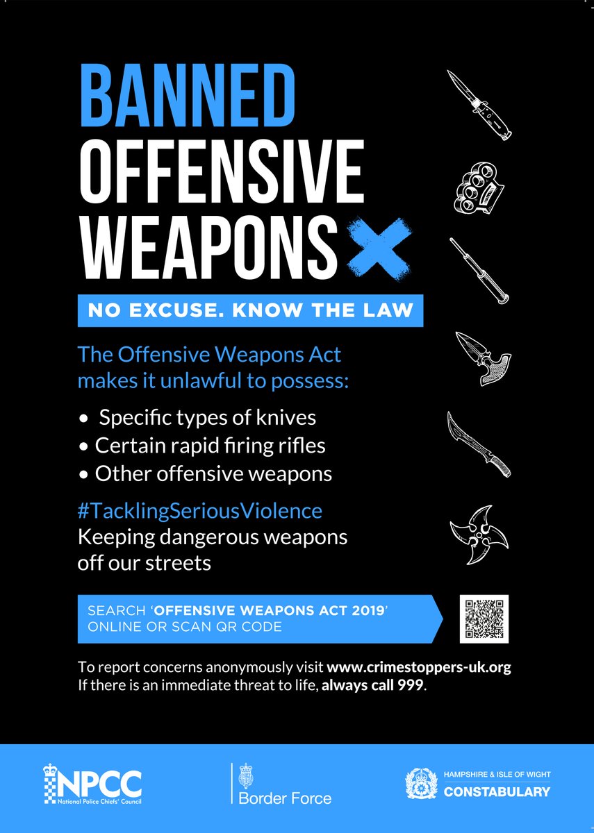 There's no excuse for carrying, owning, buying or selling any banned weapons. Make sure you know the law and check you don’t have any of these banned knives or weapons inside your home. Check the full list here: orlo.uk/56FmV #OpSceptre #TacklingSeriousViolence
