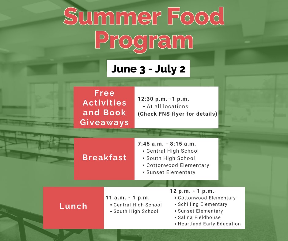 Mark your calendar! The Salina Public Schools Summer Food Program begins June 3, breakfast and lunch are free for children ages 1-18! Visit  usd305.com to learn more about times and locations, free lunchtime activities and book giveaways. #305GrowsGreatness
