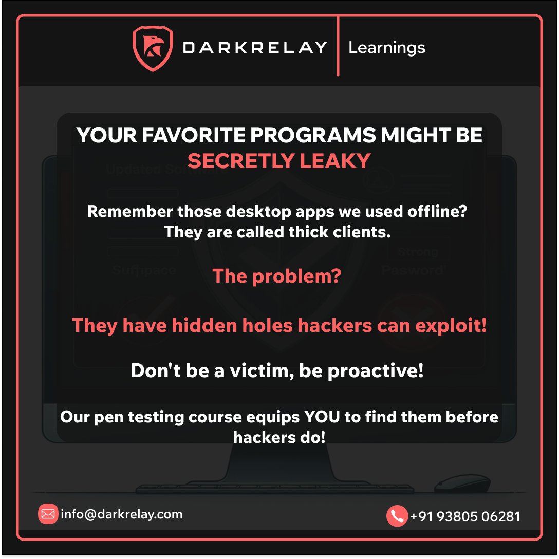 darkrelaylabs's tweet image. Legacy apps = Security nightmares? Patch the holes with Thick Client Pen Testing! ️
Stops data breaches, exposes weak logins &amp;amp; identifies hidden flaws. Don&apos;t wait for a disaster! Click here:  darkrelay.com/challenge-page…
#thickclient #pentesting #cybersecurity #infosec #darkrelay