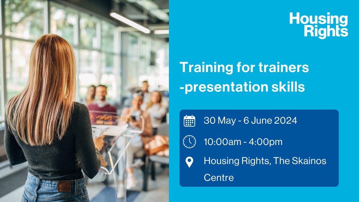 HousingRightsNI's tweet photo. Do you provide training or information sessions as part of your job?

Our #HousingTrainingCourse 'Training for trainers -presentation skills' will help you design and deliver engaging and effective training sessions.

Book now:
https://t.co/I4X6VlL5uf https://t.co/UWWP3p0tF5