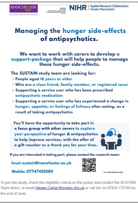 Being a #MentalHealth Carer can be tough, but sometimes the side-effects from medication can add to the demands of a caring role. @SWLSTG is recruiting #unpaidCarers managing the hunger side-effects of antipsychotics for a focus group. Sign up by the end of June!