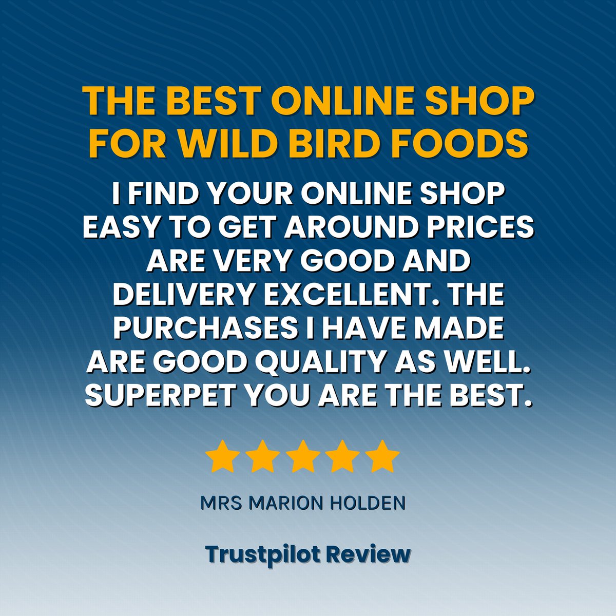 🌟 Mrs Marion Holden thinks we're the top spot for wild bird foods: 'Easy to navigate, great prices, excellent delivery!' 🐦 Thanks for making our day! Fly over to 👉 superpet.co.uk

#Superpet #WildBirdCare #PetSupplies #HappyCustomers #Trustpilot