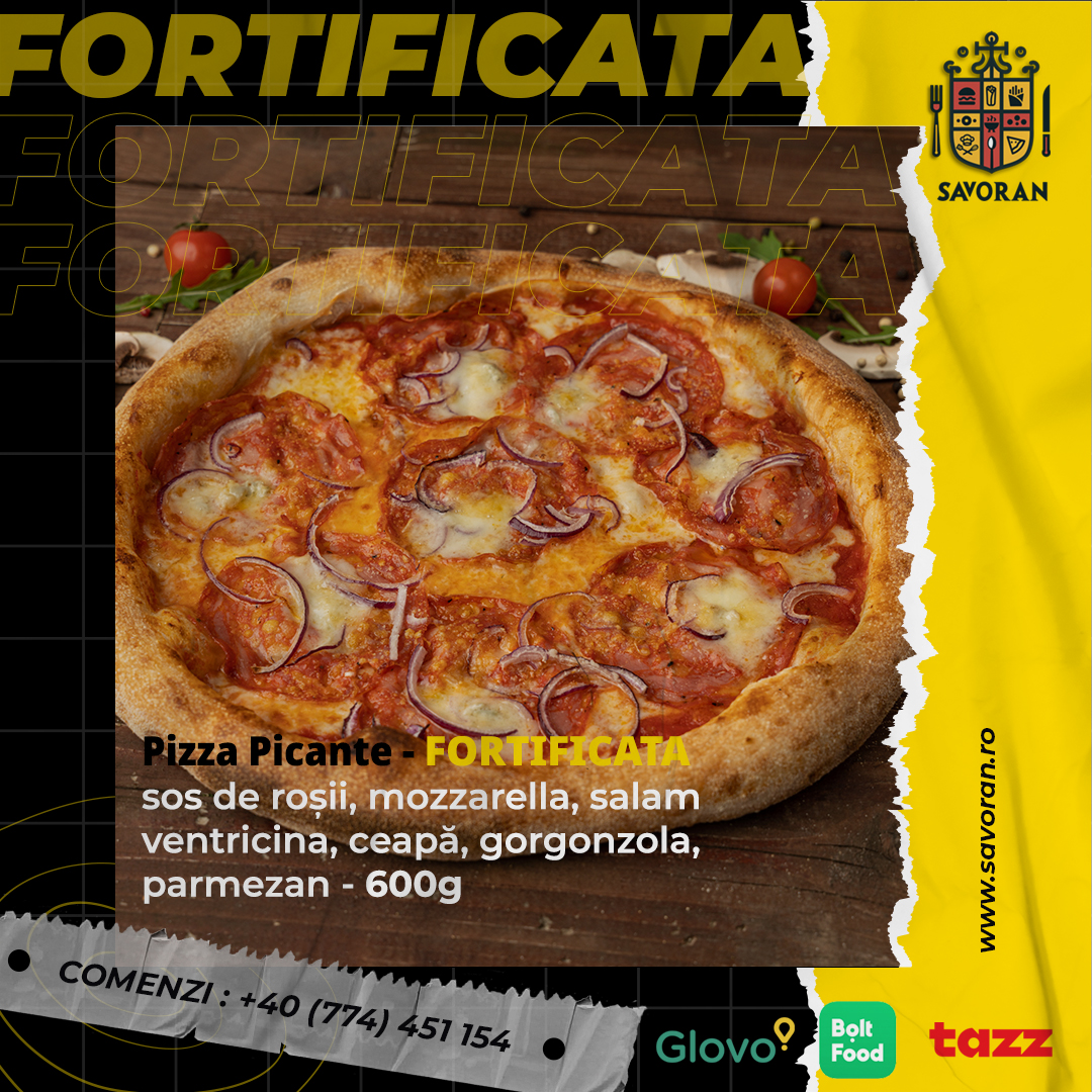 🍕 #Pizza Picante🌶️ aka Fortificata, făcută în 🔥cuptor cu lemne🔥 #ClujNapoca! Sos de roșii 🍅, mozzarella 🧀, salam ventricina, ceapă, gorgonzola, parmezan. 📞Comandă pe Tazz, Glovo, Bolt sau la +40 (774) 451 154. 🎉Promoții și concursuri: savoran.ro/promo