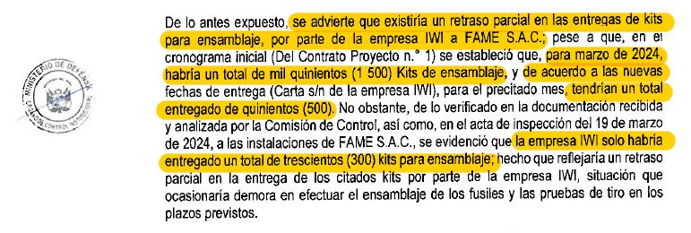 Como lo advertí, FAME no está cumpliendo con entregar los fusiles ARAD 7 al @EjercitoPeru en los plazos establecidos. En marzo la fábrica IWI debería haber entregado 1,500 fusiles desarmados para que FAME los ensamble. Según el nuevo cronograma entregarían 500. En realidad…