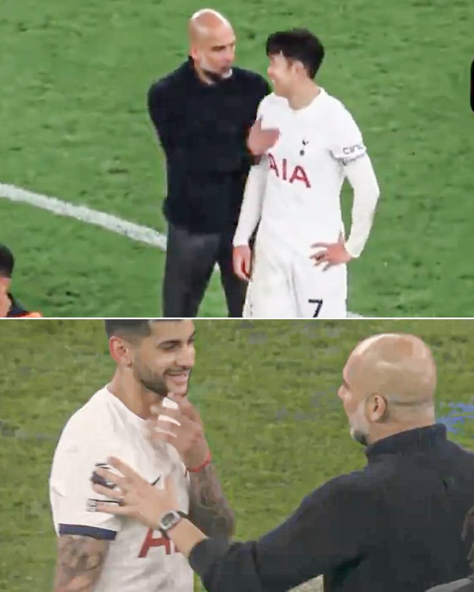 Tottenham's captain and vice-captain shared a moment with Pep Guardiola after their 2-0 loss to Man City.