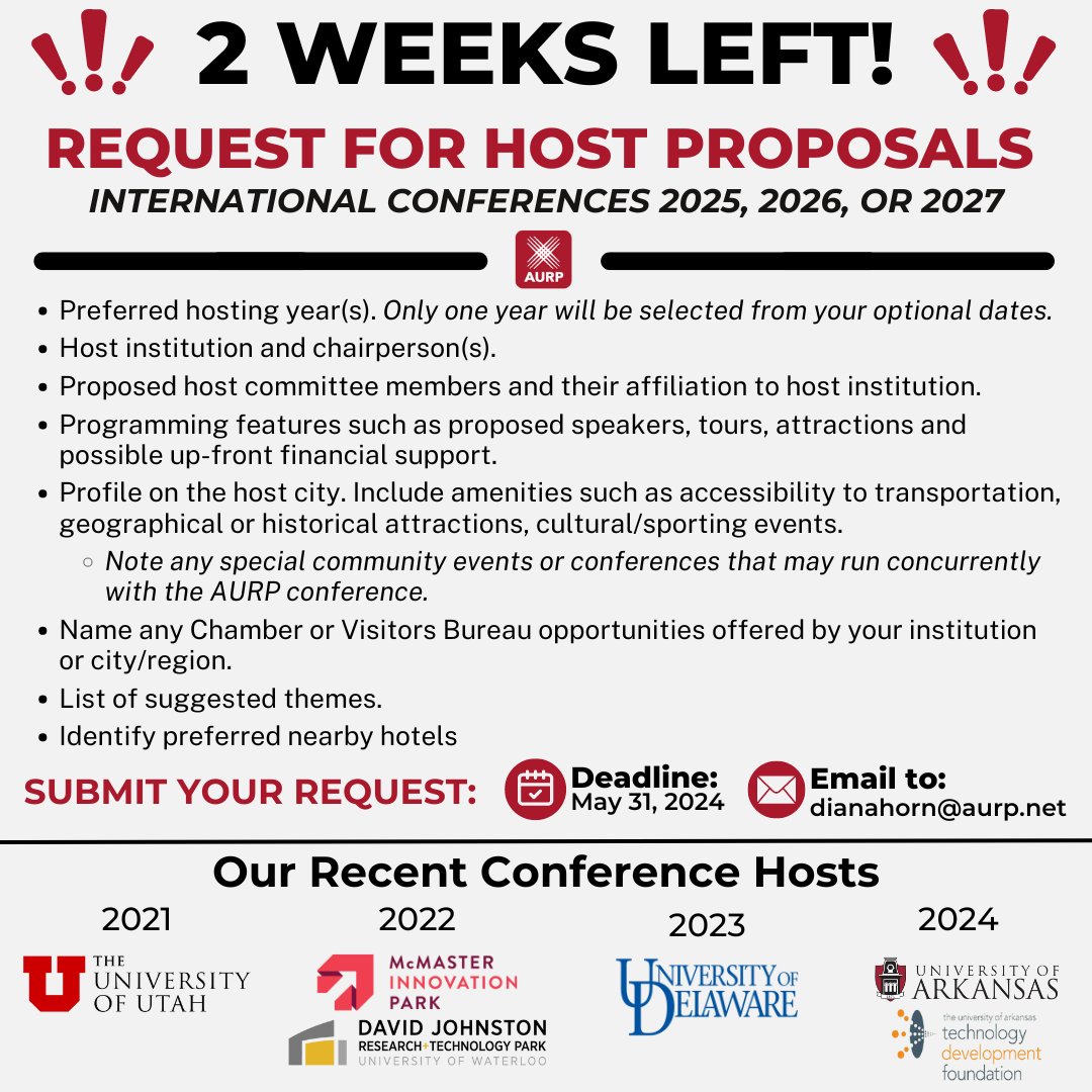 #AURPinAction: Host AURP's 2025-2027 International Conference, spotlighting your city's innovation ecosystem & gaining global recognition. Submit proposals via email by May 31 to Diana Horn. Don't miss this chance to shine! #AURP2024 #ResearchParks #buildingtheAURPnetwork
