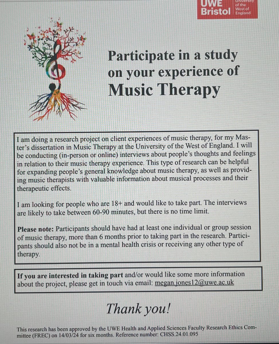 Do you have personal experience of having been to #MusicTherapy ?
Are you able to help our @UWEBristol #student Megan with her research ?
This is such important work where we hope to learn from your #livedexperience
Contact Megan! Details below.