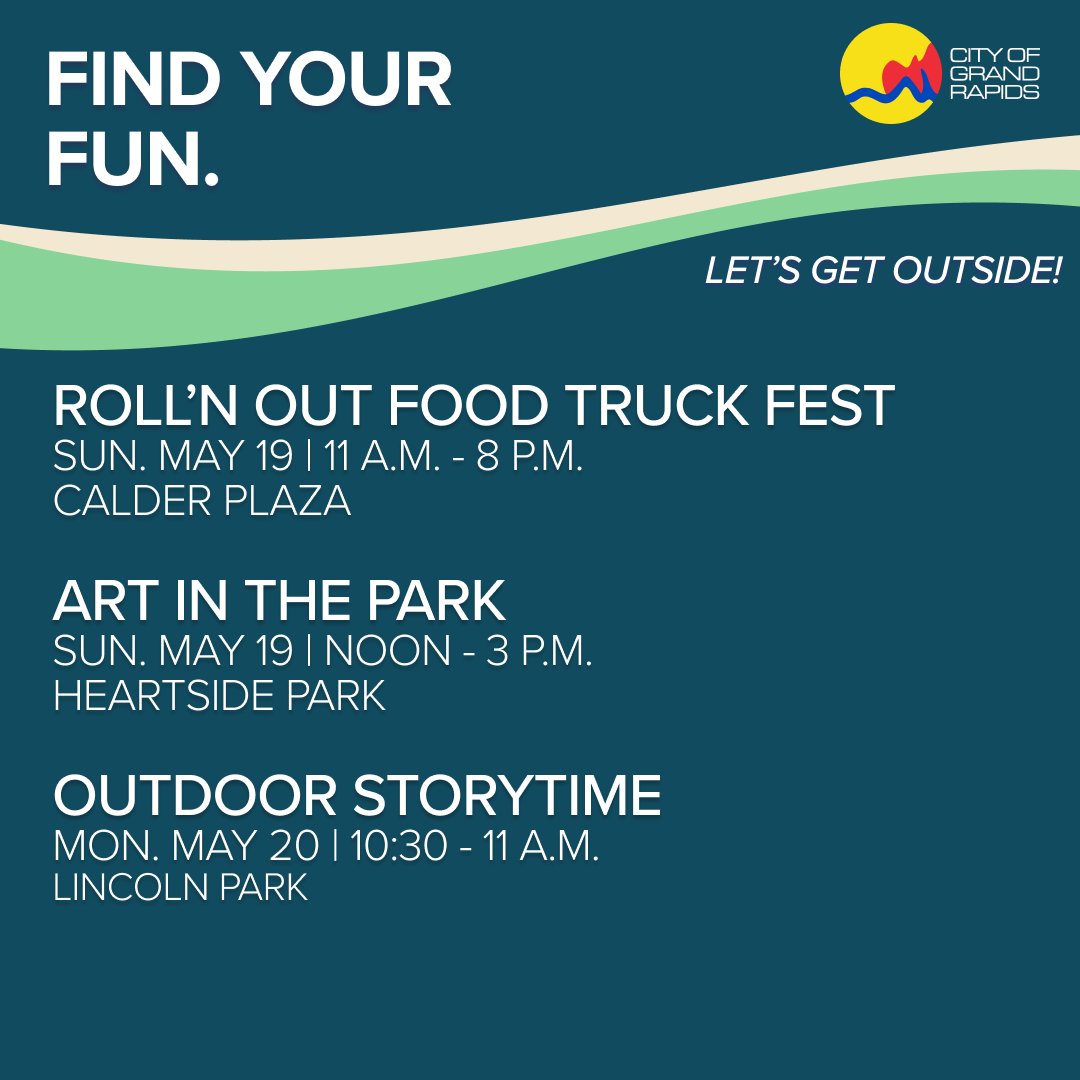 May in Grand Rapids is full of exciting events to help you #FindYourFun! 🎉 Whether you're craving delicious bites from food trucks, feeling artsy, or want to enjoy outdoor story times, there's something for everyone this month!

Permitted events: grandrapidsmi.gov/Events-Activit…