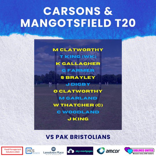 CarsonsMangCC's tweet photo. T20 XI vs Pak Bristolians CC 

⏰ 6:15
📍 Pomphrey Hill 
🍷 and 🧀 night for all of our sponsors to attend🔵🟡

Once again massive shout out to our sponsors 

- Food management solutions 
- MCS 
- Landsdown place 
- Sky Mortgages
- @amcorpackaging 
- Siblings United https://t.co/faaQFp49Uz