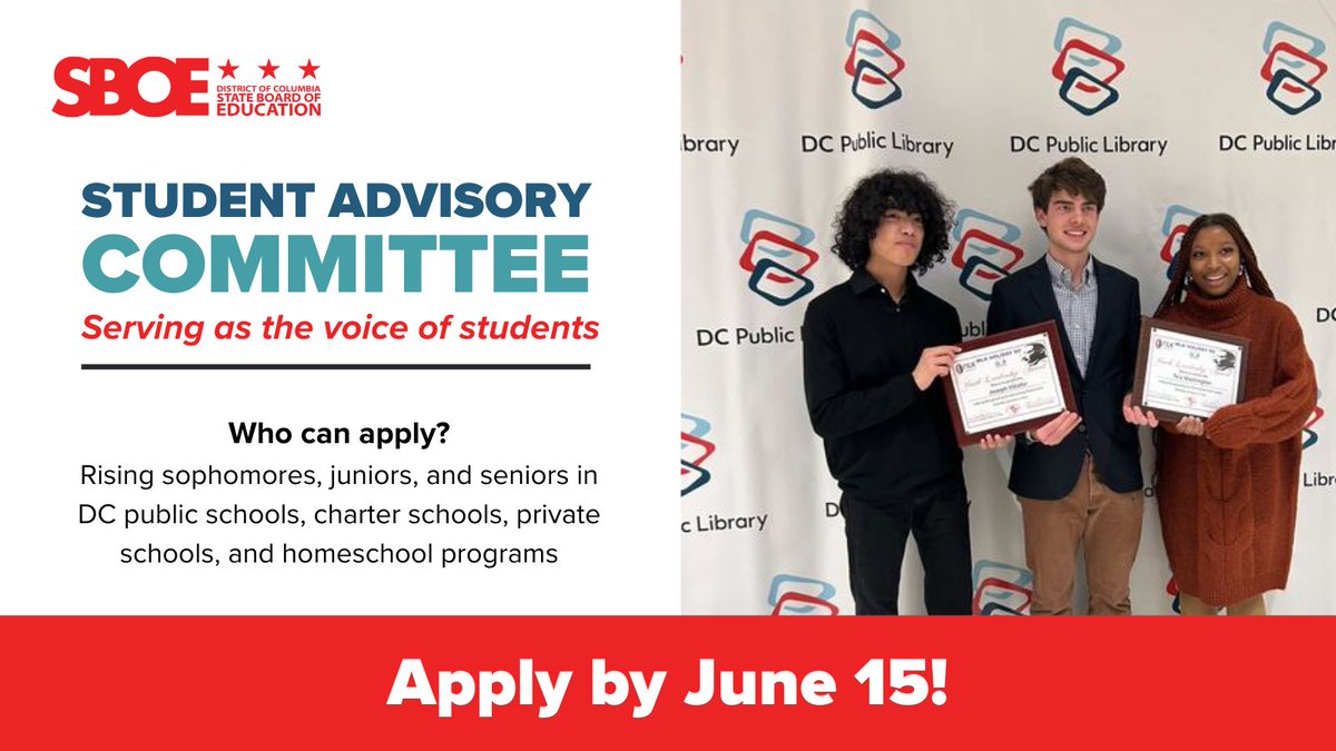 DCSBOE's tweet photo. We need your voice! Apply TODAY to become a member of the @dcsboe_sac. Share feedback, vote on resolutions, and represent the voice of students across the District. #YourEducation #YourVoice https://t.co/K4HMoOdSt3 https://t.co/Q0sG4WLduc