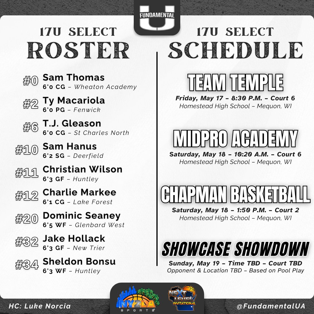 🚨 Spring NCAA Live Period ‼️ Come watch our 17u Select Team as they officially join the NY2LA Association this weekend in Wisconsin! Check out our schedule and roster below ‼️ @ny2lasports #TheStandard