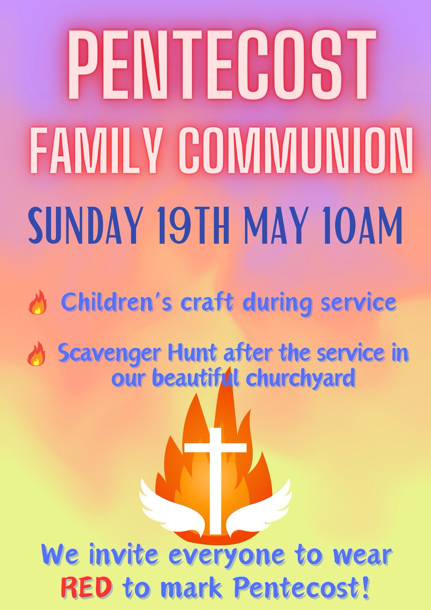 Join us this Sunday for our Pentecost celebrations at 10am, and explore our beautiful churchyard in a Scavenger Hunt afterwards! Prizes can be won by completing Scavenger Hunt or turning up in the best red outfit for the service.