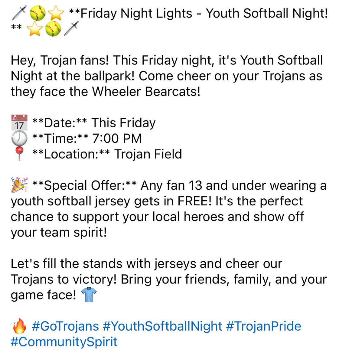 Youth softball night is this Friday night!