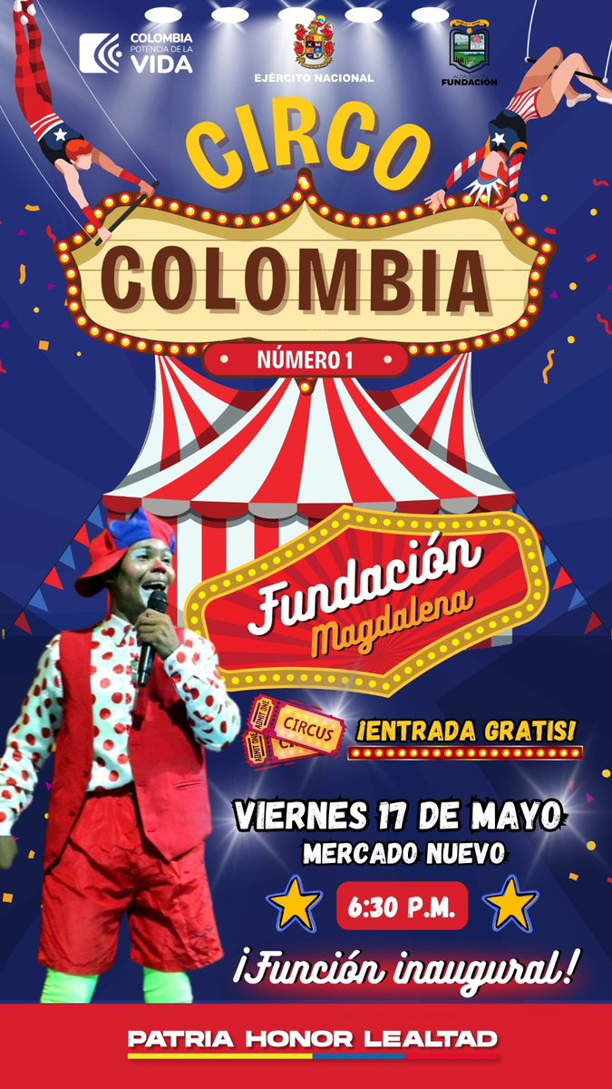 ¡Ya estamos listos! 🎪🥳 ✨️🪄Este 17 de mayo llega la magia, llega la diversión, llega la alegría de la carpa multicolor del Circo Colombia N.°1 al municipio de Fundación, #Magdalena. Ven y disfruta de nuestra función inaugural ¡totalmente gratis! #SiempreATuLado