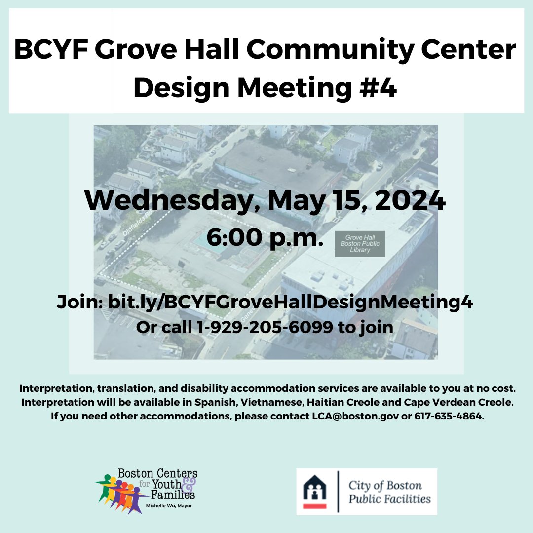We expect tonight to be the final design meeting for a future new community center in Grove Hall. Join us and share your thoughts. Bit.ly/BCYFGroveHallD…. Learn more at Boston.gov/BCYF-Grove Hall.