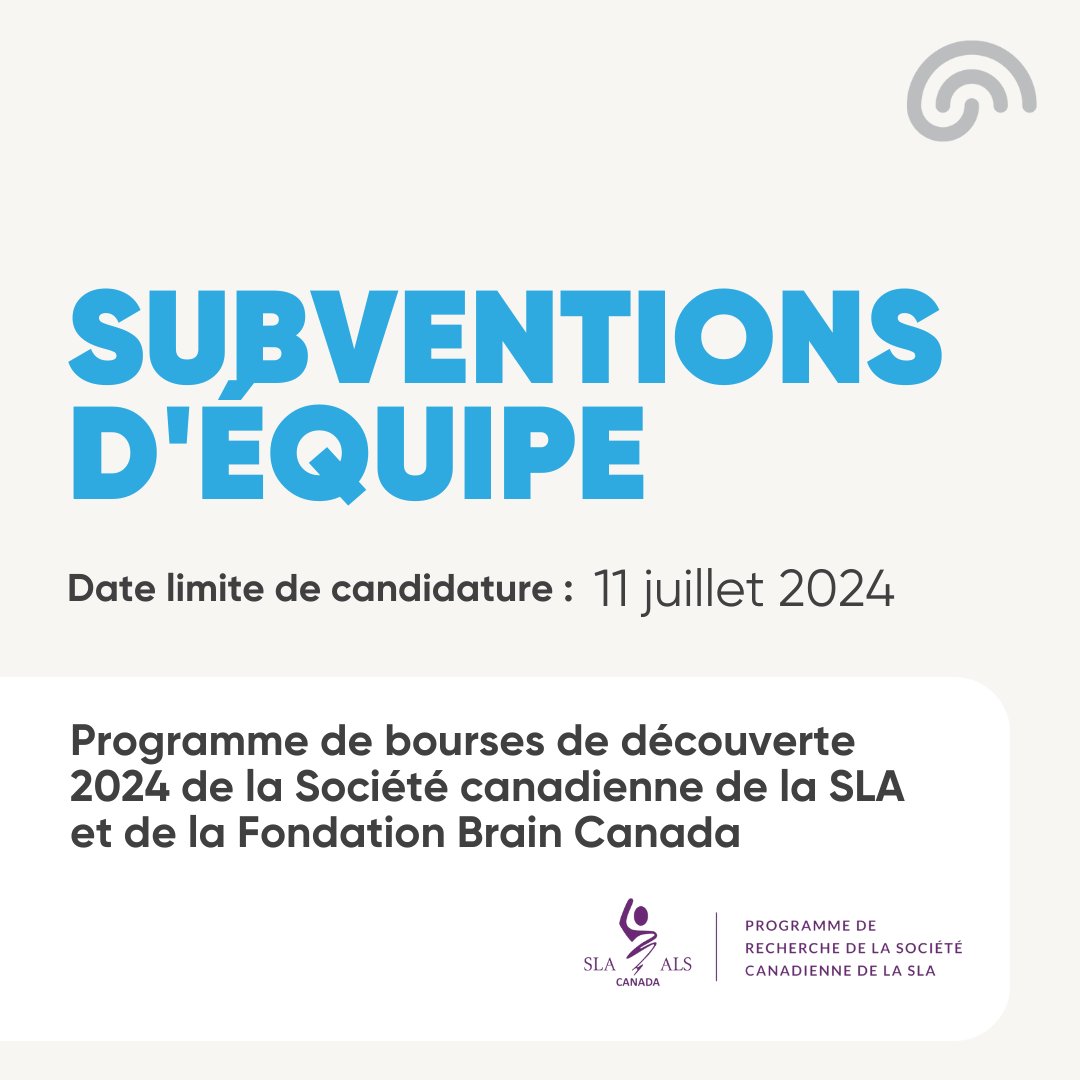 📣 Appel aux chercheur.euses! @BrainCanada est fière de lancer le Programme de bourses de découverte 2024 de @ALSCanada et de la Fondation Brain Canada ! La date limite pour présenter une demande est le 11 juillet 2024. Pour plus d’informations ➡️braincanada.ca/fr/perspective…