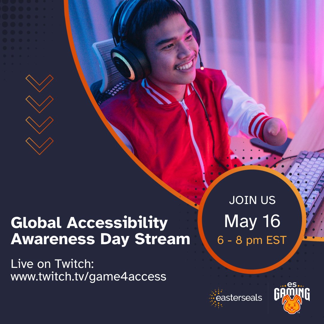 Join Brendan from Easterseals Crossroads and Erin from the Easterseals National Office for some Fortnite matches as they chat all things disability &amp; gaming. 

May 16 from 6-8 pm ET in honor of Global Accessibility Awareness Day (GAAD)! 

Live on Twitch: twitch.tv/game4access