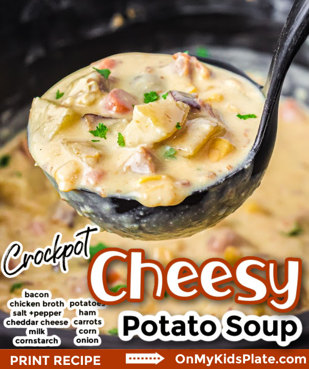 Cheesy Crockpot Potato Soup 🥔🧀🥓  onmykidsplate.com/crockpot-potat… Creamy soup full of tender potatoes, ham, and veggies! A delicious cheesy soup for lunch or dinner.  #recipeoftheday #slowcooker #soup