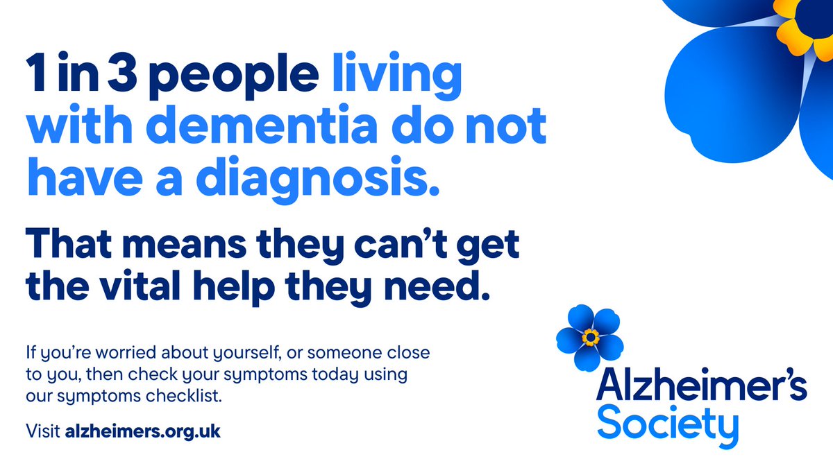 1 in 3 people living with dementia do not have a diagnosis, this means they can’t get the vital help they need. If you’re worried about ytourslef or someone close to you, check you’re symptoms today., using the symptoms checklist at alzheimers.org.uk. #DementiaActionWeek