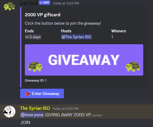 IM GIVING AWAY 2000 VP!!

JOIN MY SERVER AND CLICK ENTER GIVEAWAY!

(link in comments)