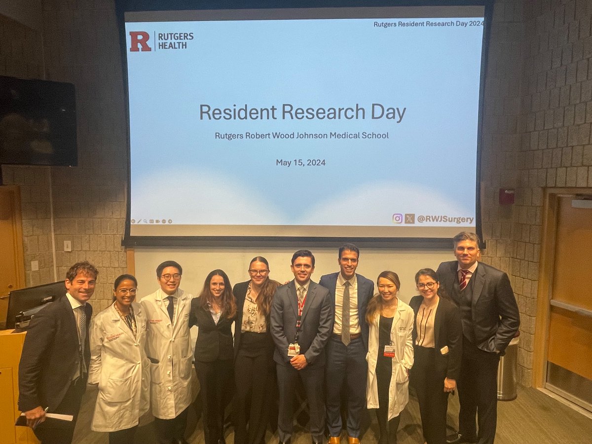 Congratulations to all of our podium presenters today @rwjsurgery Resident Research Day! And thank you to our judges @JMHernandez_MD @DrGregoryPeck! #rutgersresidentsrock