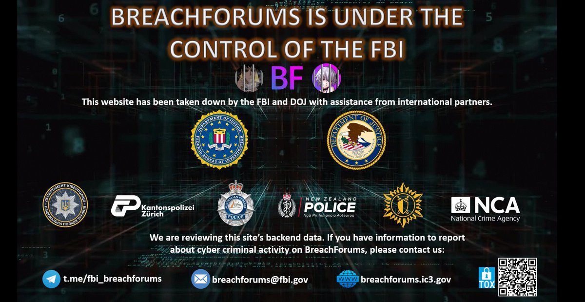 BreachForum has been seized again. 

The current display page states the forum is now in control of the United States Federal Bureau of Investigation and is being reviewed.

It also displays a photo of the current administrators Telegram profile pictures, but behind bars.