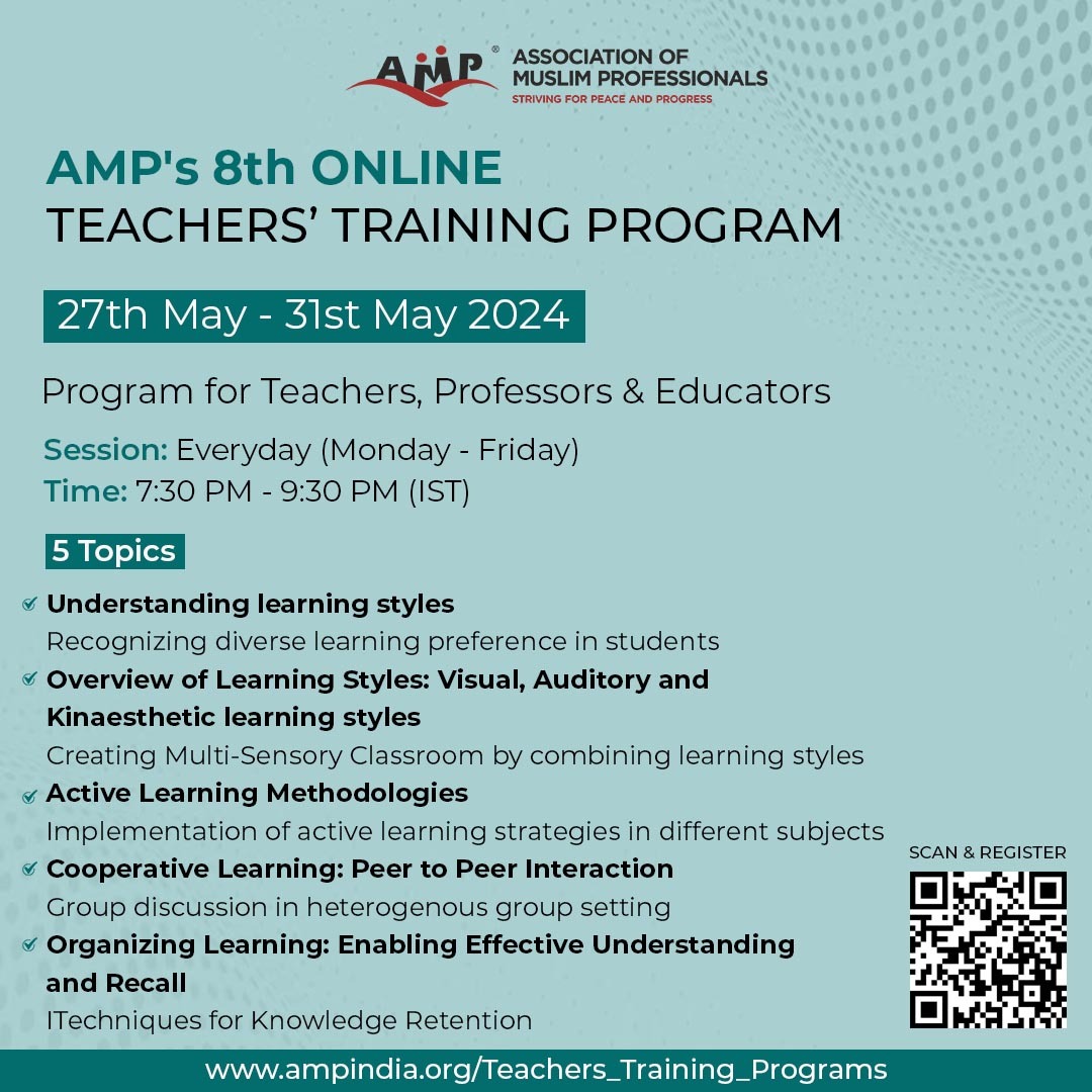 📚AMP's 8th ONLINE TEACHERS' TRAINING PROGRAM!

🗓️ 27th May - 31st May 2024
⏰ 7:30 PM - 9:30 PM (IST)
Enhance teaching with 5 expert-led sessions
Certificates for 75%+ attendance
Register: tinyurl.com/TTP8thEdition
📱 WhatsApp:chat.whatsapp.com/LbFWk0tDM1nGTe…
Info: ampindia.org/Teachers_Train…