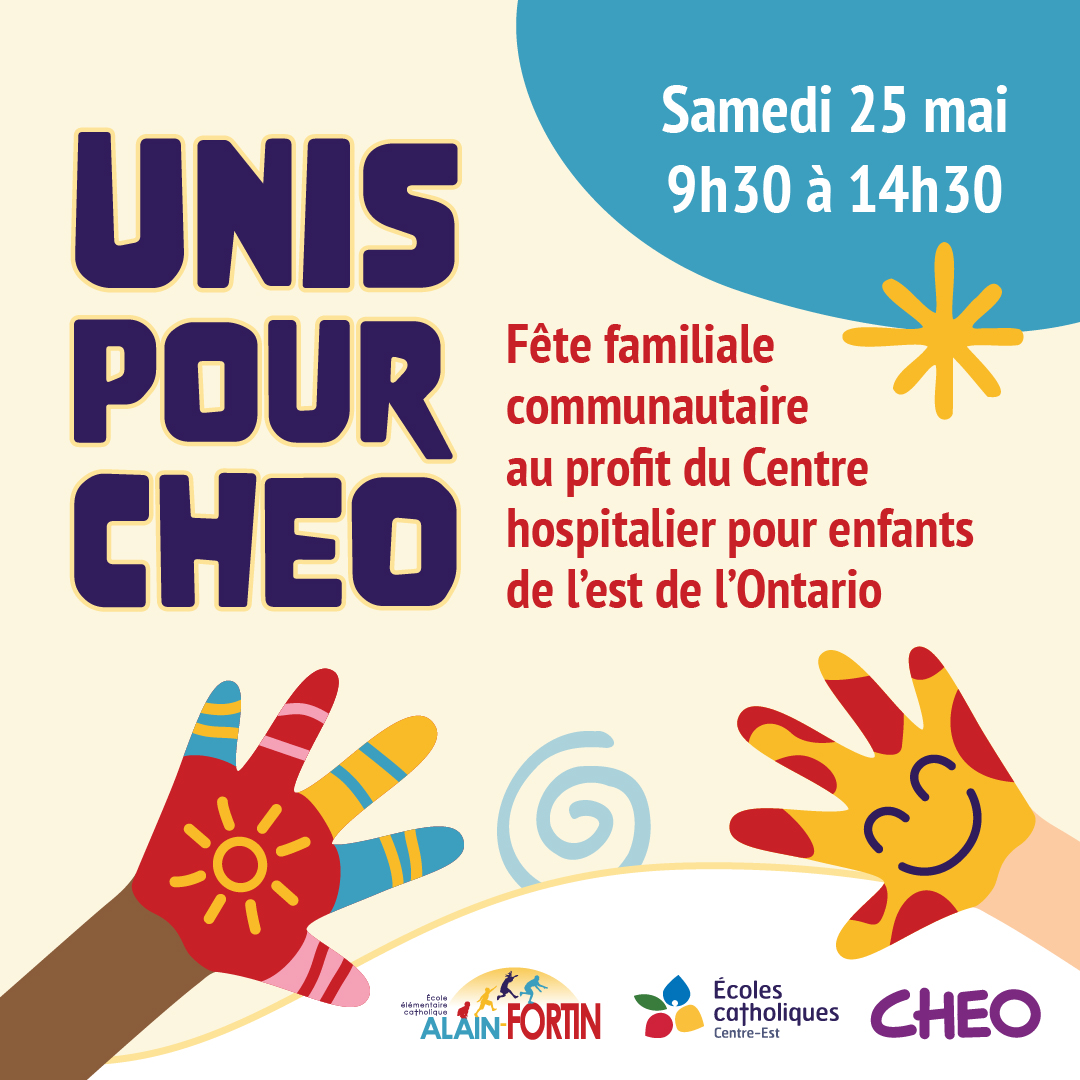 🎪Vous êtes invités à une fête familiale communautaire! 📍Le samedi 25 mai, de 9 h 30 à 14 h 30, venez profiter d’un moment en famille pour la bonne cause. Les élèves de la 4e à la 6e année de l’@École élémentaire catholique Alain-Fortin ont organisé cet événement pour