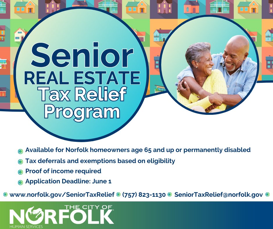 If you're a Norfolk homeowner aged 65+ or permanently disabled, you could qualify for real estate tax exemptions or deferrals. ✅ Deadline to apply is June 1! 💻 norfolk.gov/seniortaxrelief ☎️ (757) 823-1130 📧 seniortaxrelief@norfolk.gov