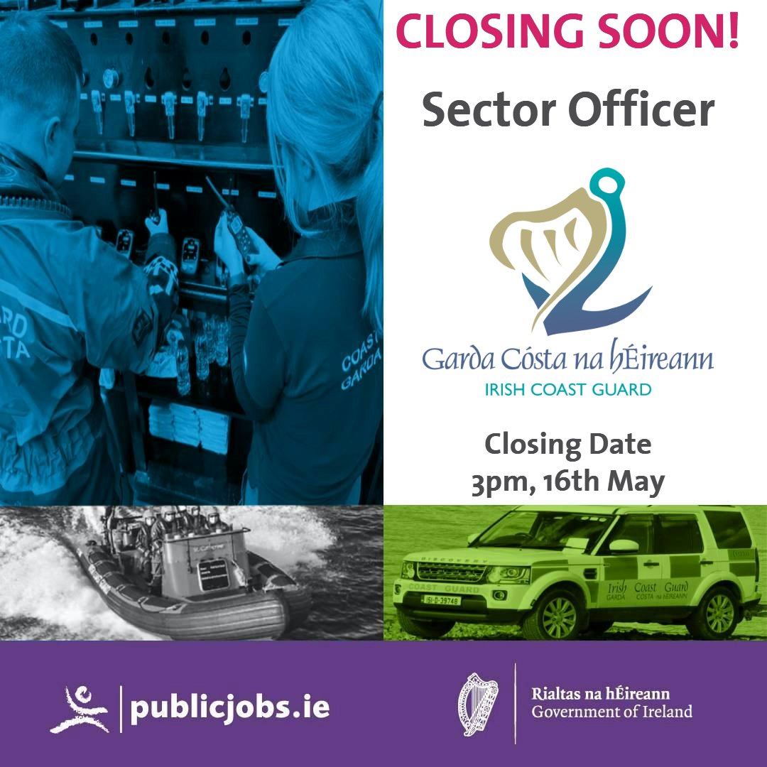 🌊🚁CLOSING SOON! Don't let this opportunity slip away! ⛵️The Irish Coast Guard is looking for Sector Officers, and the deadline for applications is TOMORROW, Thursday 16th May at 3pm! Apply now! 👉 bit.ly/TW_Org_SOICG 🌊✨ #CareersThatMatter