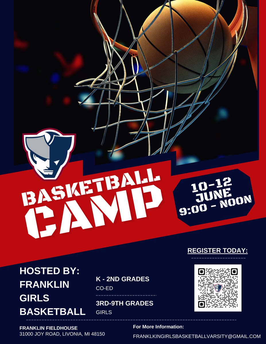 Franklin Girls Basketball will host our annual camp from June 10-12 (9 am to Noon). Register today! Please email Coach Flaherty if you have any questions: franklingirlsbasketballvarsity@gmail.com