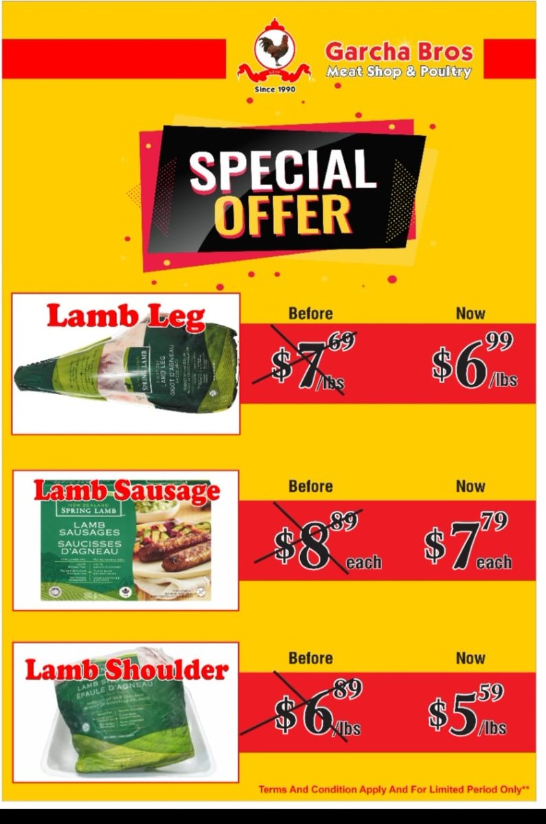 SPECIAL OFFER
Lamb Leg $6.99/lbs
Lamb Sausage $7.79/each
Lamb Shoulder $5.59/lbs

garchameatshop.com/deals
Visit your nearest Garcha Bros Meat Shop

* Limited period offer & terms & conditions applied

#lambleg #lambSausage #lambShoulder #lambOffer #lamblegoffer #lambsausageoffer