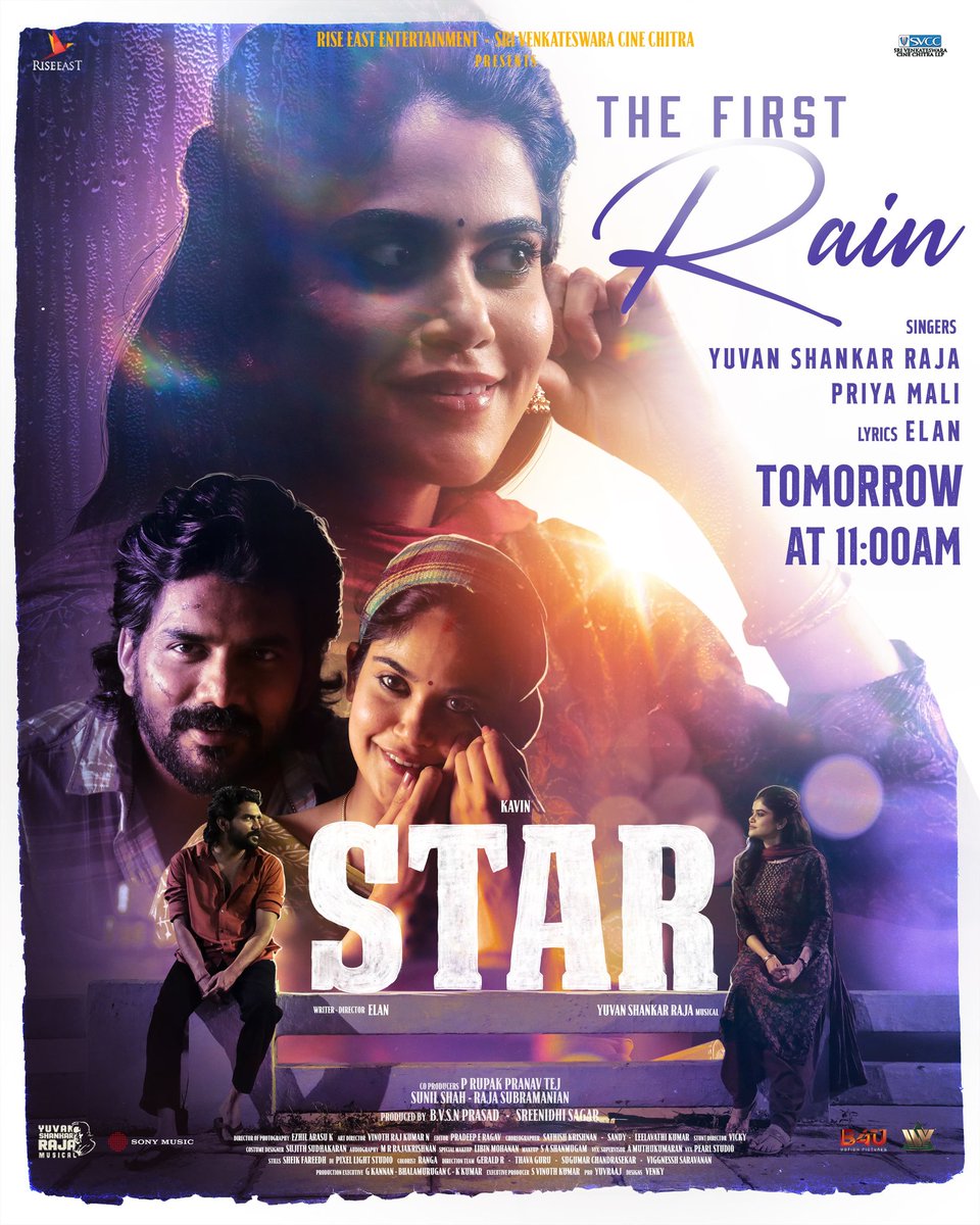 Get ready for #TheFirstRain video song from #STAR releasing tomorrow at 11AM 🌟 A love song that will stir your heart up, a @thisisysr musical. #BlockbuSTAR @Kavin_m_0431 @elann_t @aaditiofficial @PreityMukundan @LalDirector @riseeastcre @SVCCofficial @proyuvraaj