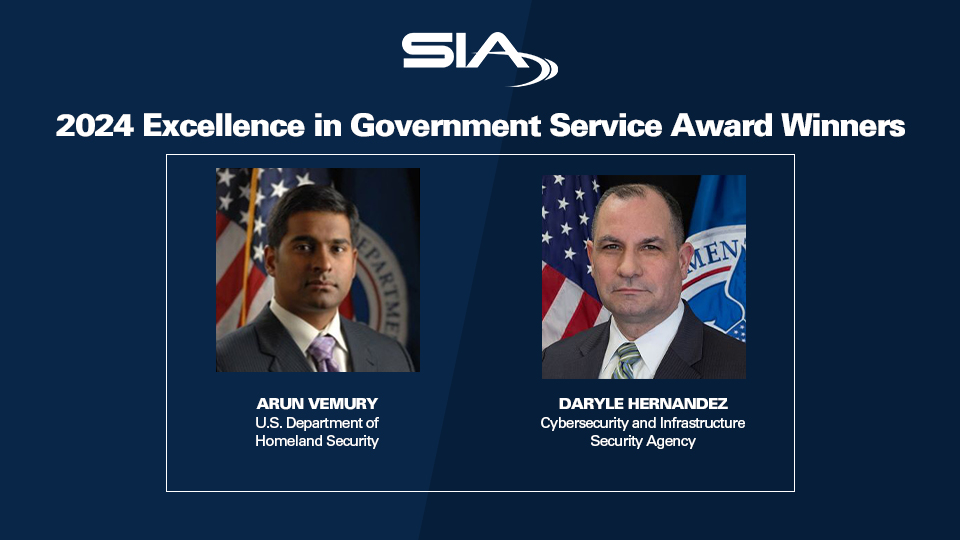 🎉Congratulations to the winners of the SIA Excellence in #GovernmentService Award!

Daryle Hernandez of @CISAgov and Arun Vemury of @dhsscitech will be recognized at #SIAGovSummit for leadership in advancing effective use of #security.
securityindustry.org/2024/05/15/sec… 

#securityindustry