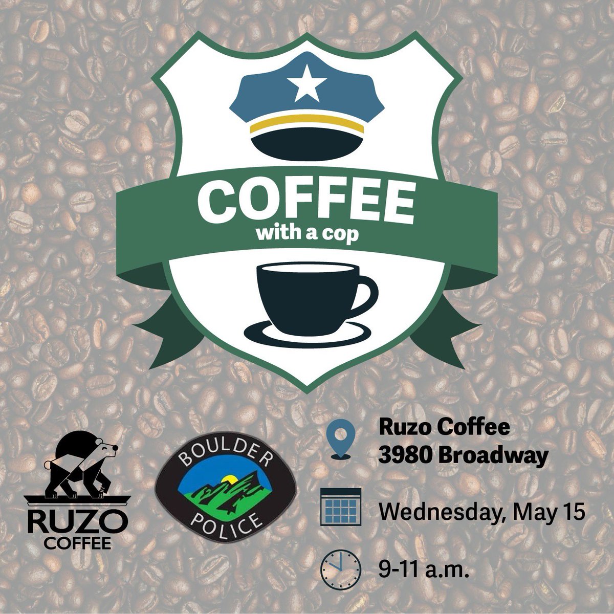 Want a delicious cup of coffee and have some public safety questions? Join us at Ruzo Coffee from 9-11am today! #boulder #bouldercolorado