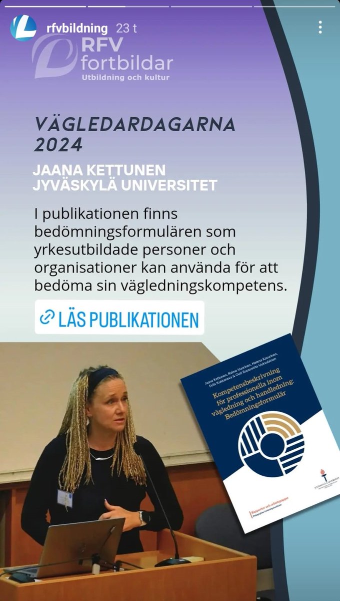 jaanakettunen's tweet photo. Jag hade glädjen att presentera #Kompetensbeskrivning för professionella inom #vägledning och #handledning under #Vägledardagarna2024 En mycket givande dag tack til @RFVbildning Publikationen 👉https://t.co/EiinqDxJ85 och Webbaserat verktyg 👉https://t.co/lpKXnQpCRU #ELOverkosto https://t.co/4b607zg4j0