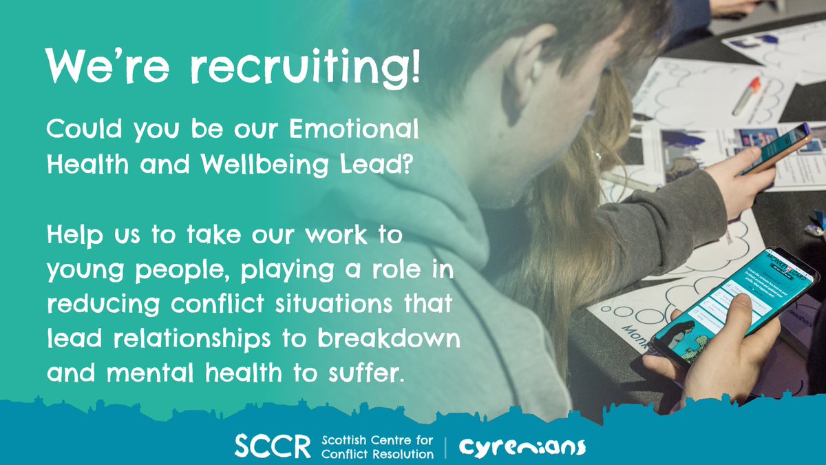 We're recruiting! We want a new Emotional Health and Wellbeing Lead to take our work to young people, reducing conflict situations that lead relationships to breakdown and mental health to suffer.

For more info &amp; to apply, link below 👇
cyrenians.scot/jobs/943-emoti…

<a href="/Cyrenians1968/">Cyrenians</a>